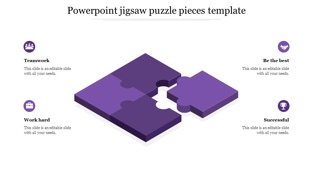 Purple jigsaw puzzle pieces in the center, each linked to four captions with icon around it.