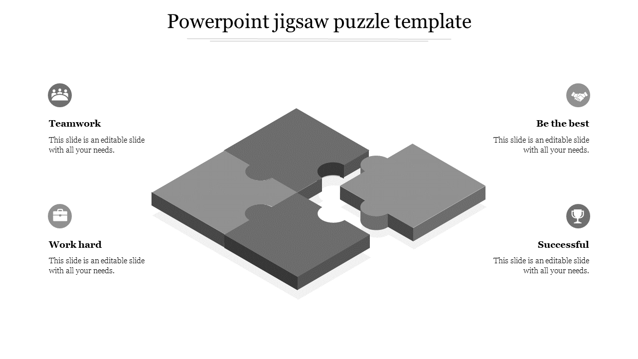 Puzzle template with four gray jigsaw pieces, surrounded by icons and text highlighting key values.