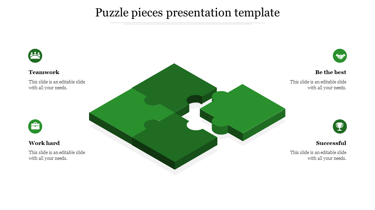 PowerPoint slide featuring green puzzle pieces representing teamwork, hard work, success, and the goal to be the best.