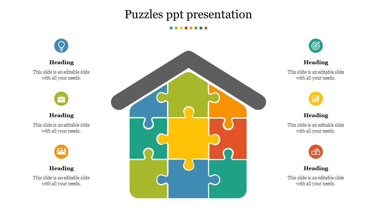 House shaped puzzle design with colorful interlocking pieces, surrounded by six icons and headings on each side.