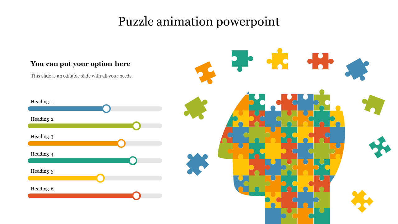 Multicolored puzzles form a head with scattered pieces around it, and six colored horizontal sliders on the left side.