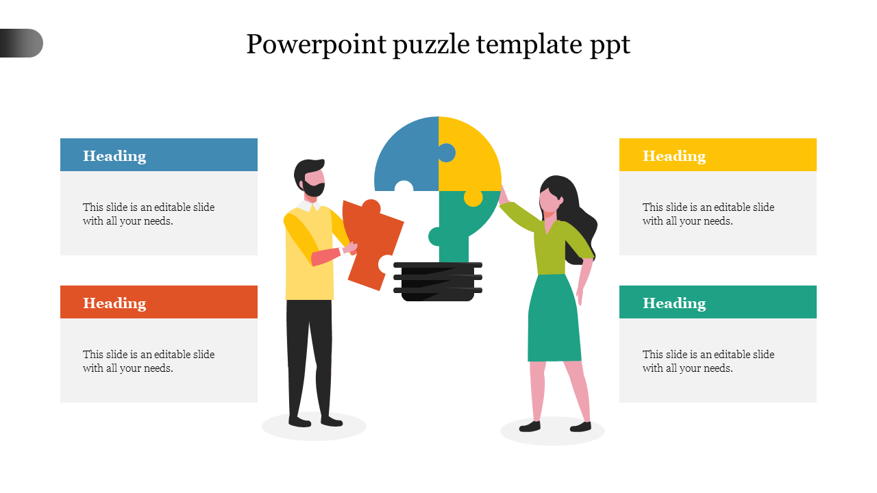 Illustration of two people assembling a puzzle piece lightbulb, with four text boxes in blue, red, yellow, and green.