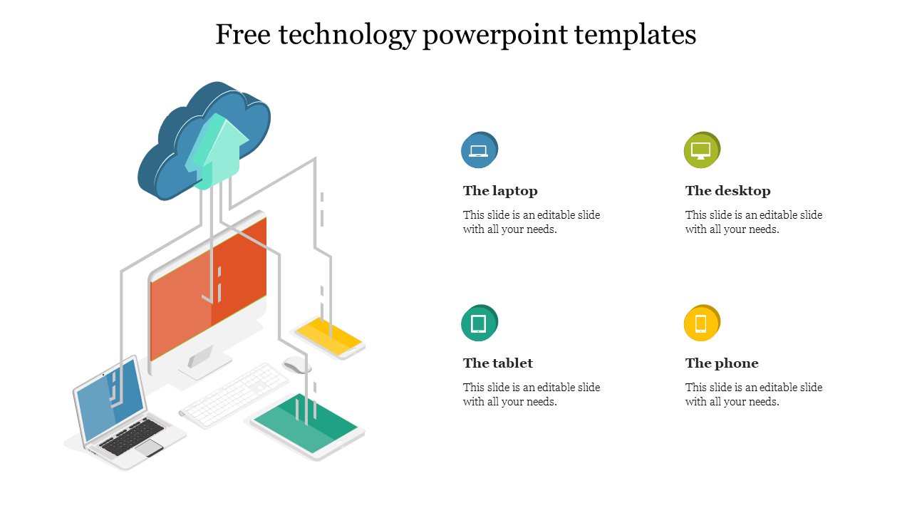 Technology themed PowerPoint slide with illustrations of a laptop, desktop, tablet, and phone connected to cloud storage.