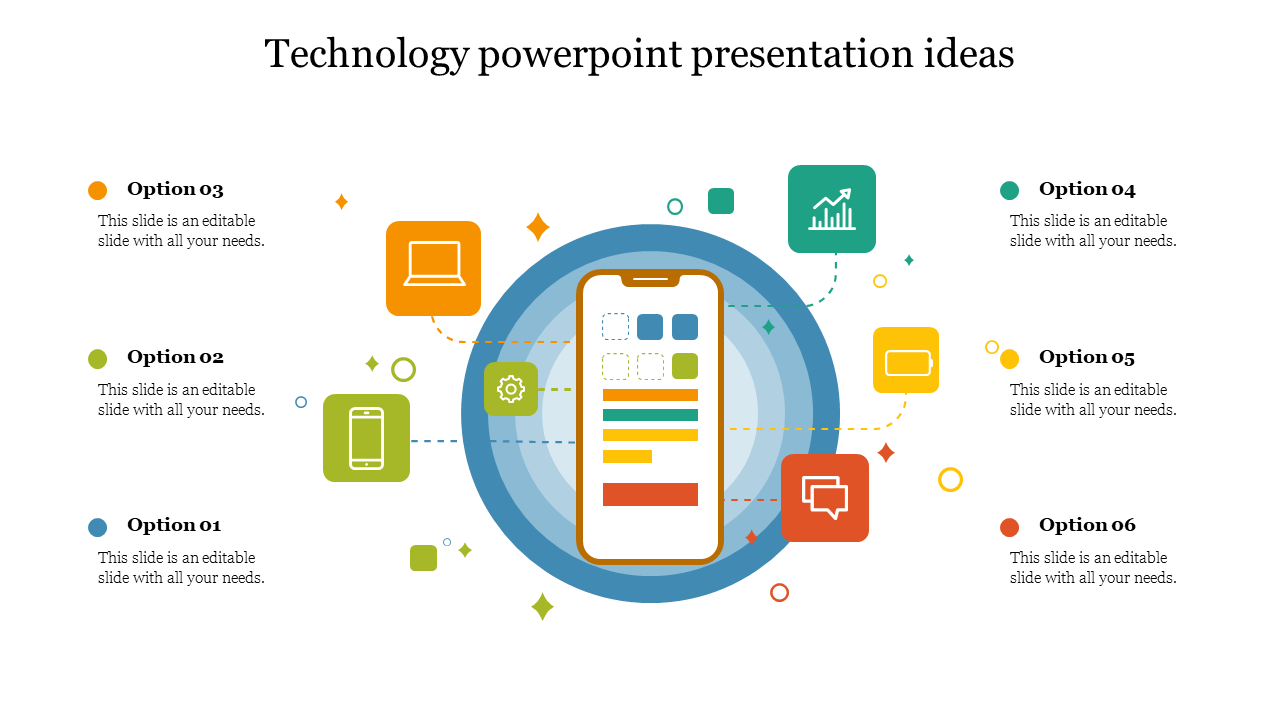 Technology slide featuring a smartphone at the center surrounded by colorful icons with different tech options.