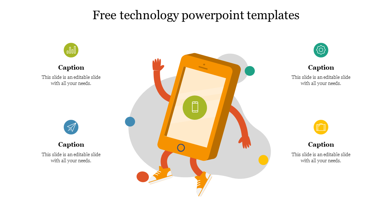 Technology PowerPoint template featuring an animated smartphone character surrounded by colorful icons.