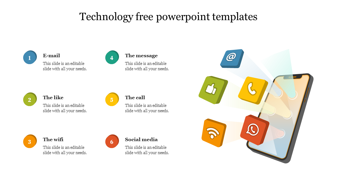 A colorful PowerPoint template showcasing technology icons such as email, social media, and wifi, with captions.