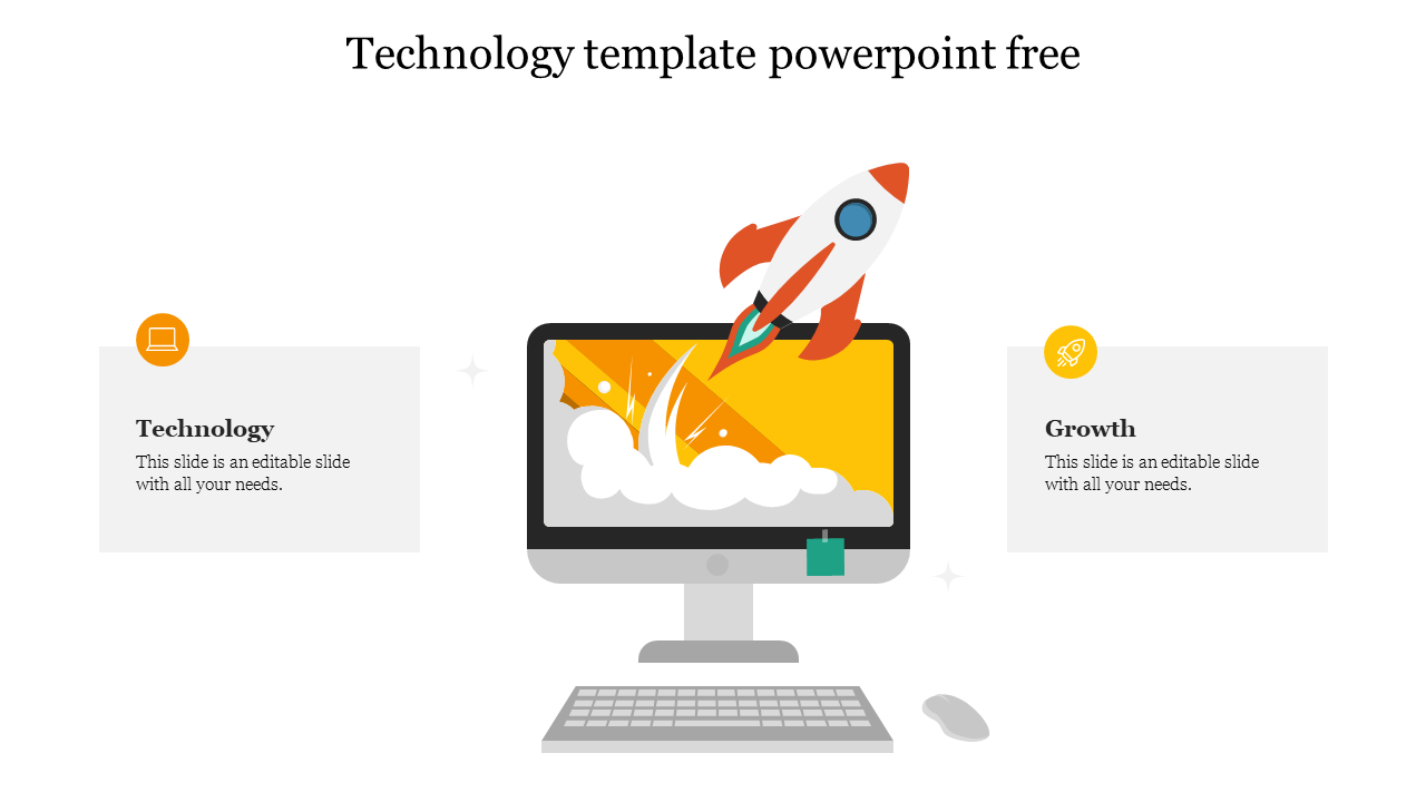 Technology PowerPoint template featuring a rocket launching from a computer screen with text placeholders and icons.