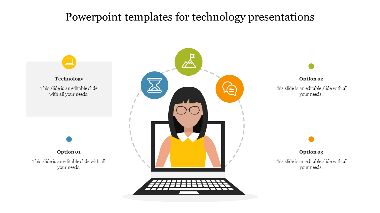 PowerPoint slide with a female character in front of a laptop, surrounded by icons related to technology with placeholder text.