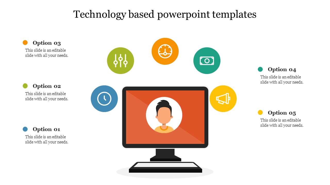 Illustration of a monitor with a user profile and five colorful technology icons floating around, labeled as options.