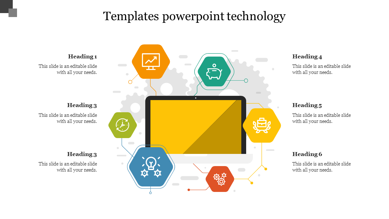 Technology PowerPoint template with a laptop and colorful icons with placeholder text on a white backdrop.