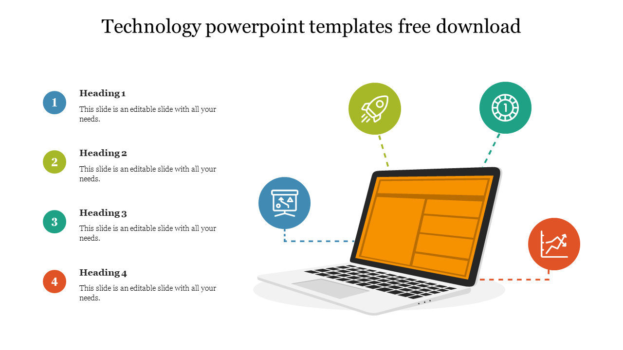 Laptop illustration with an orange screen connected to four circular icons with numbered captions on the left.