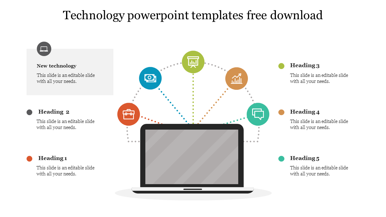 Laptop image centered with six colored icons above, connected by dotted lines, and text on either side.