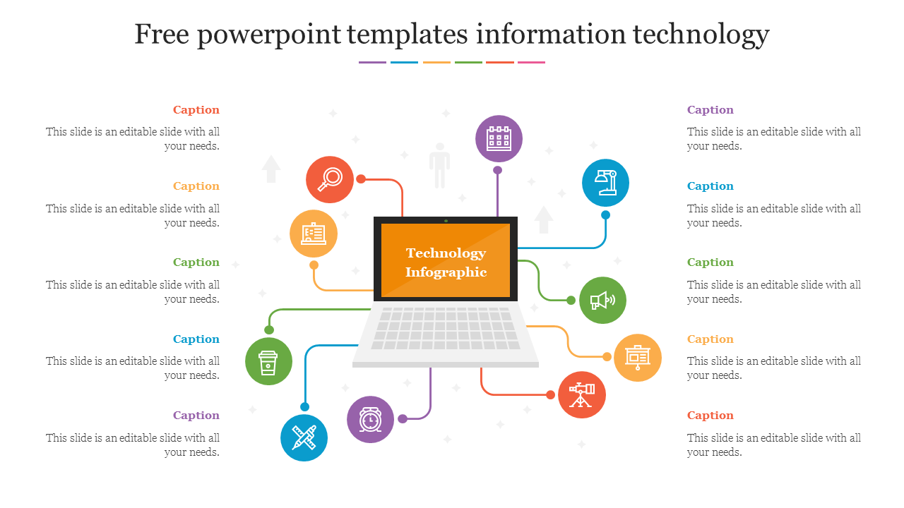 Technology infographic slide with a central laptop picture connected to various icons representing different IT concepts.