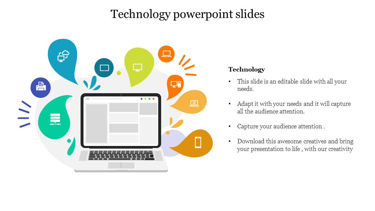 PowerPoint slide for technology featuring a laptop with colorful icons symbolizing various tech tools and services with text.