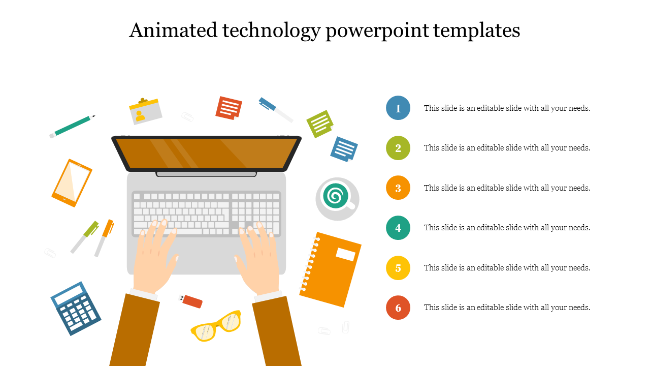 Animated technology slide featuring a laptop, stationery, and six colored numbered sections for content.