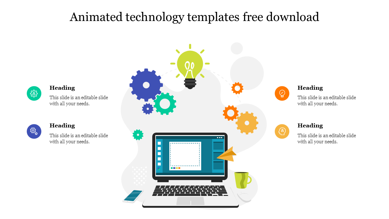 Technology-themed template with animated gears and a laptop screen, surrounded by colorful icons and headings with text area.