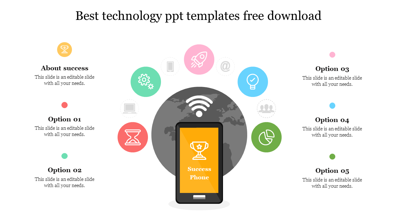 Central smartphone illustration surrounded by six colorful circular icons and text options on both sides.