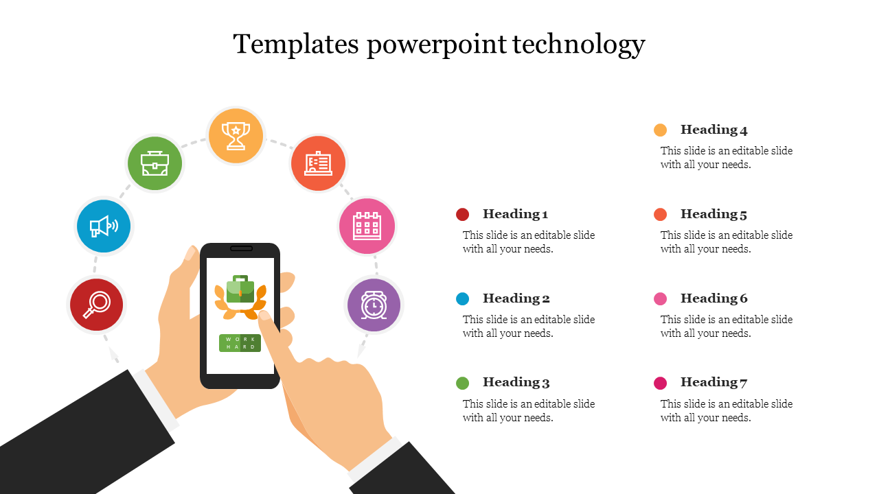 Illustration of hands holding a smartphone with colorful circular icons representing technology in a semi circle layout.