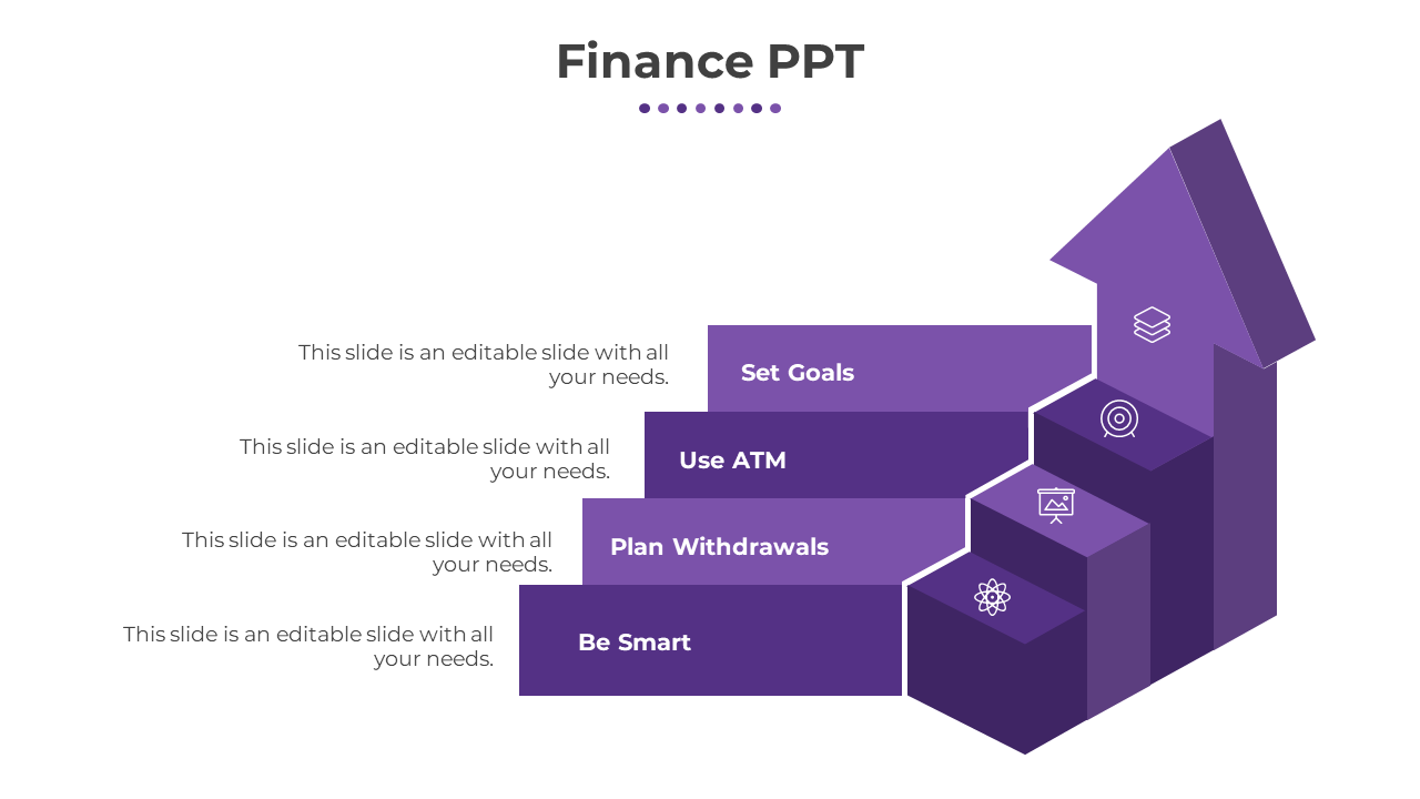 Finance PowerPoint slide with ascending purple blocks representing financial strategies and goals in a professional layout.