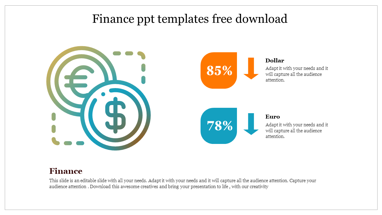 Finance PPT slide with icons of a dollar and euro symbol, showcasing download percentages with placeholder text.