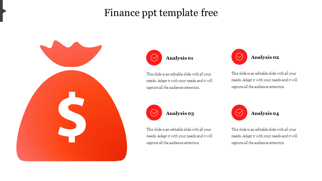 Finance template slide with a large money bag icon on the left and four analysis sections, marked by red checkmarks.