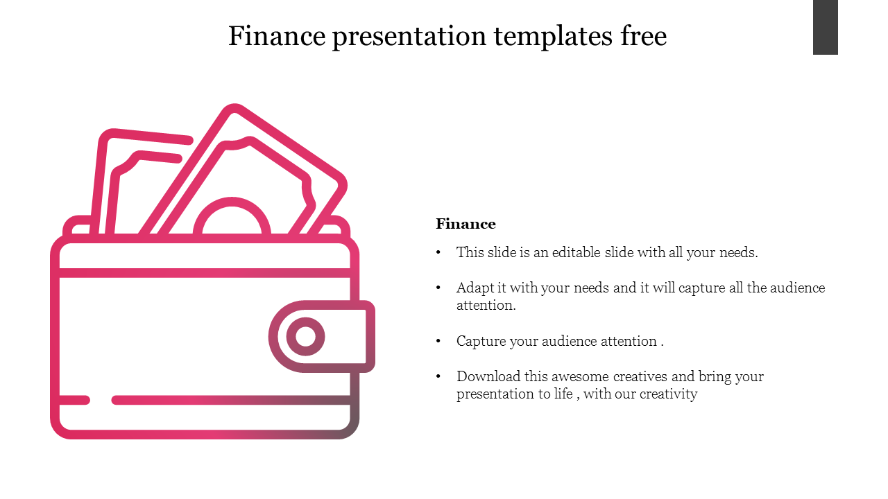 Finance presentation template featuring a wallet icon with cash, alongside text sections.