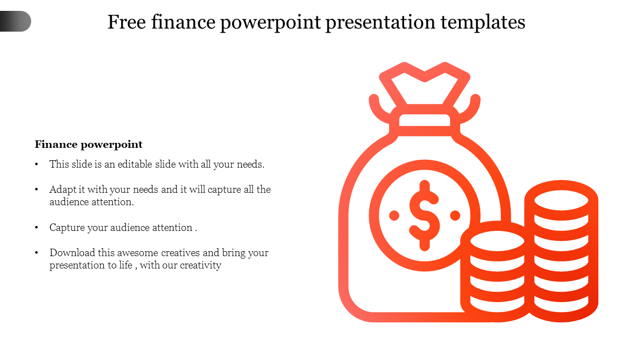 Finance presentation slide with bold money icon illustration and space for text on a white background.