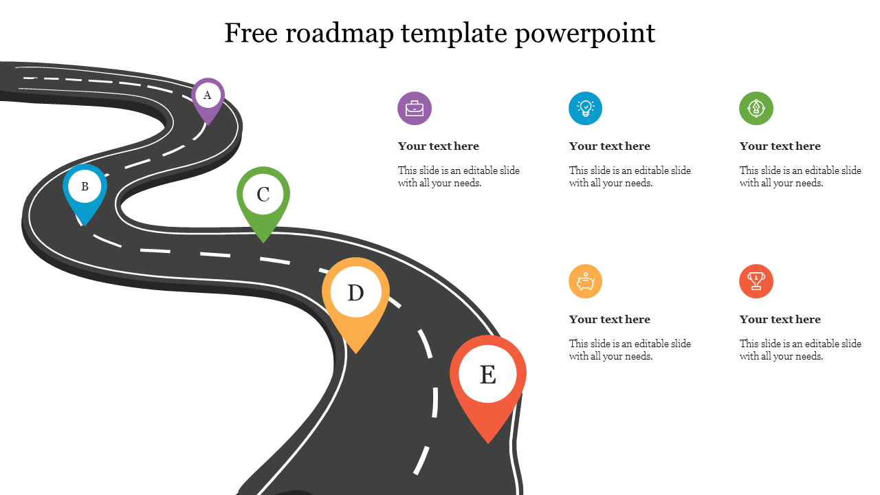 Curved road with five colorful location markers from A to E, each corresponding to text and icons placed to the right.