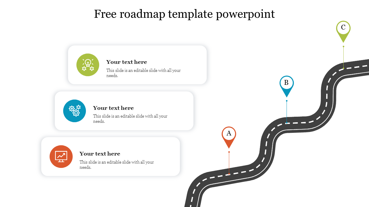 Roadmap template with three text sections labeled A, B, and C along a winding path.