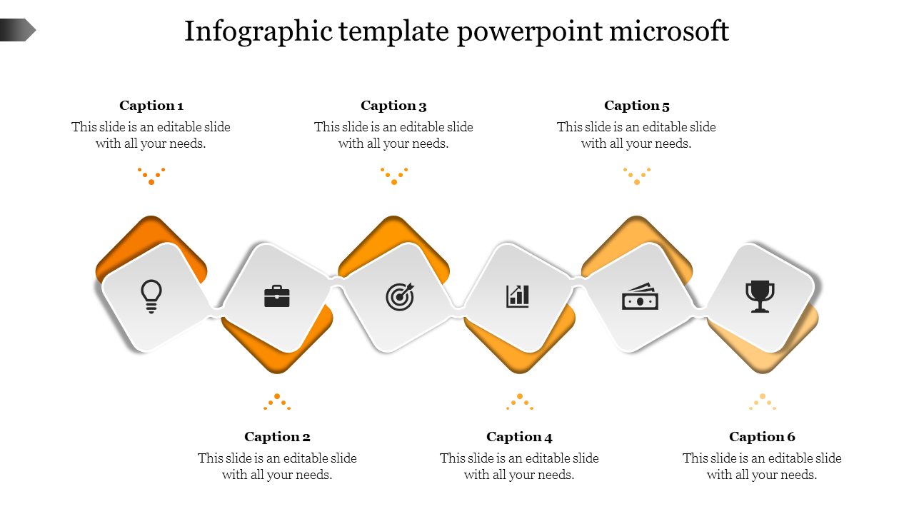 Modern infographic with orange diamond shapes, featuring icons and captions arranged in a zigzag pattern.