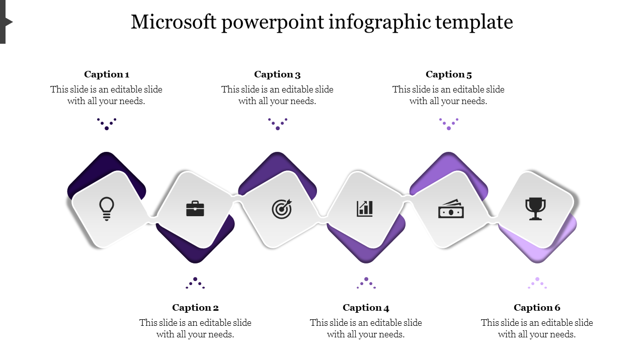 Microsoft infographic slide featuring 6 purple icons from a light bulb to the trophy with captions and placeholder text.