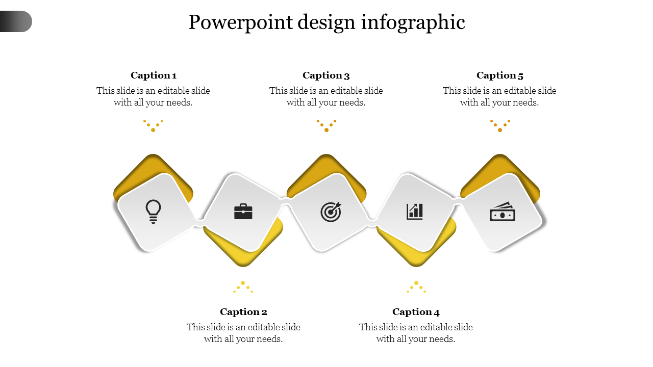 Infographic with five diamond shaped icons in white and yellow, connected in a zigzag layout with captions.