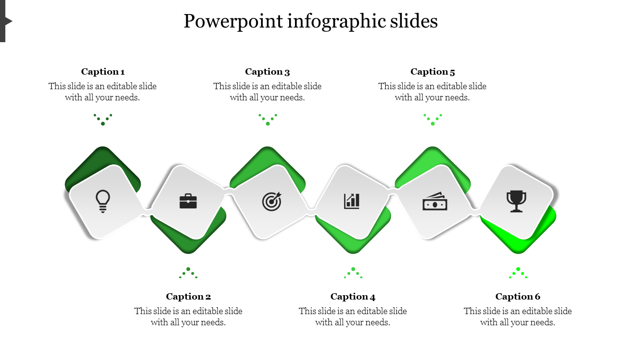 PowerPoint infographic slide with six sections displaying icons and placeholder text.