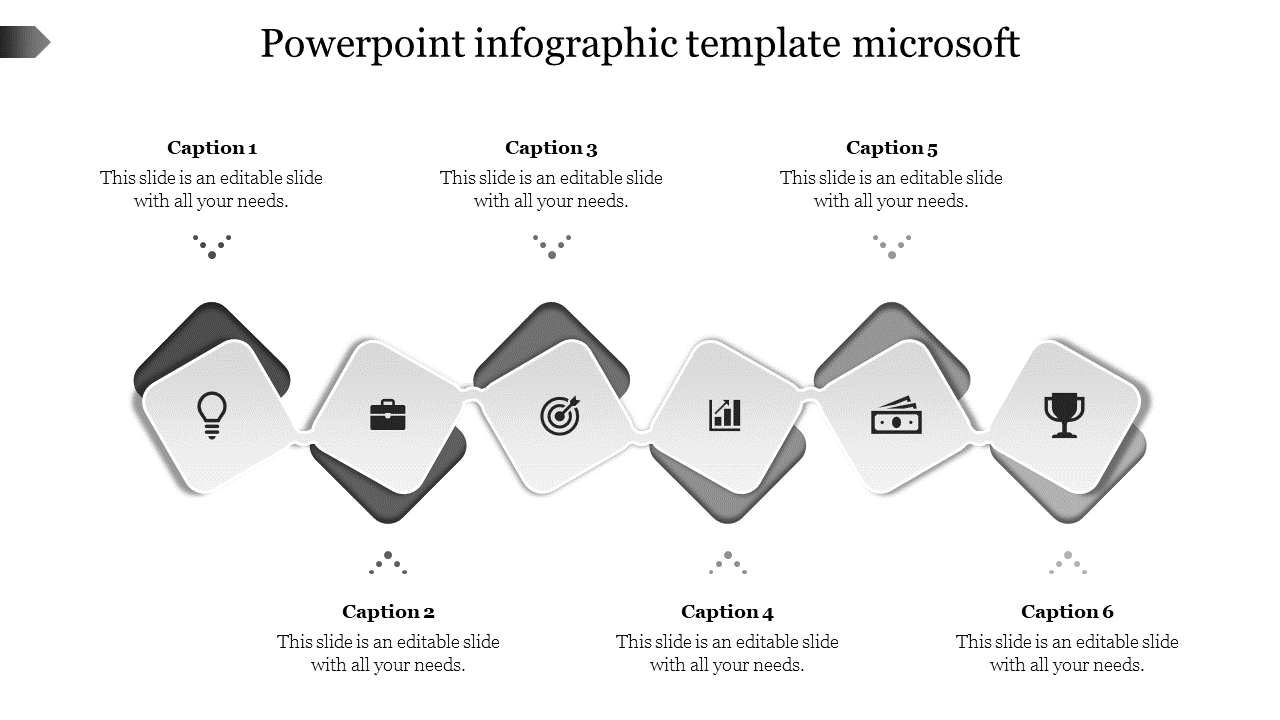 Grayscale infographic with six diamond icons linked in a zigzag pattern and captions on both sides.