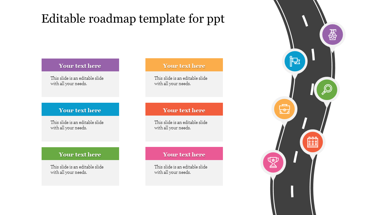 Curved black road with milestone icons in purple, blue, green, yellow, orange, and pink, and text boxes on the left.