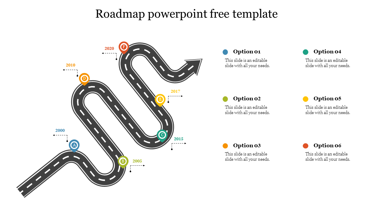 Curved road illustration with milestones marked by colorful circular icons and placeholder text areas.