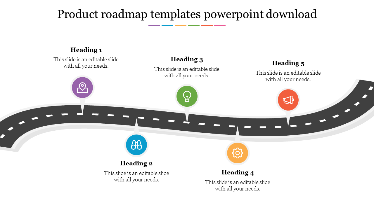 Curved black road with five colored markers in purple, blue, green, yellow, and orange, each with icons and captions.