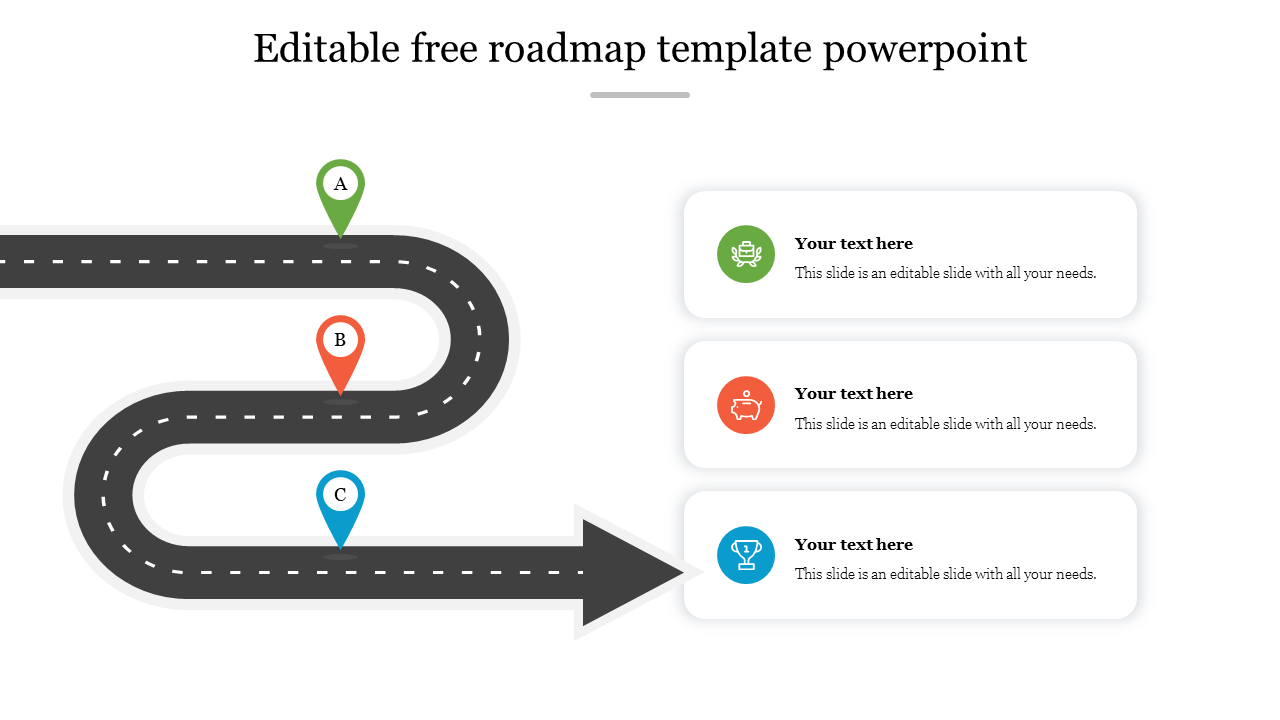 Roadmap slide featuring a curved road with points labeled A, B, and C, along with icons and text areas.