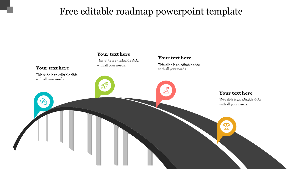 Curved roadmap slide with four milestones marked by icons, representing different stages of a project with placeholder text.