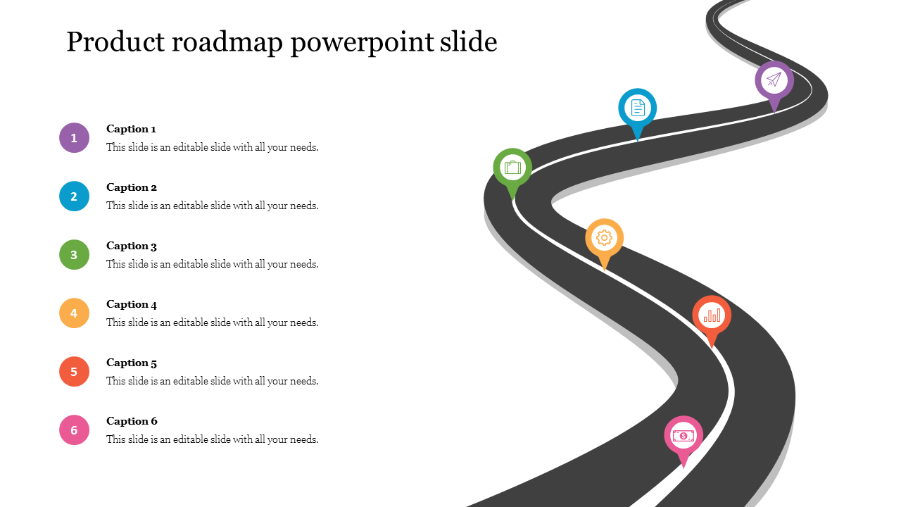 Product roadmap PowerPoint slide featuring markers and a winding path with colorful icons and placeholder text.