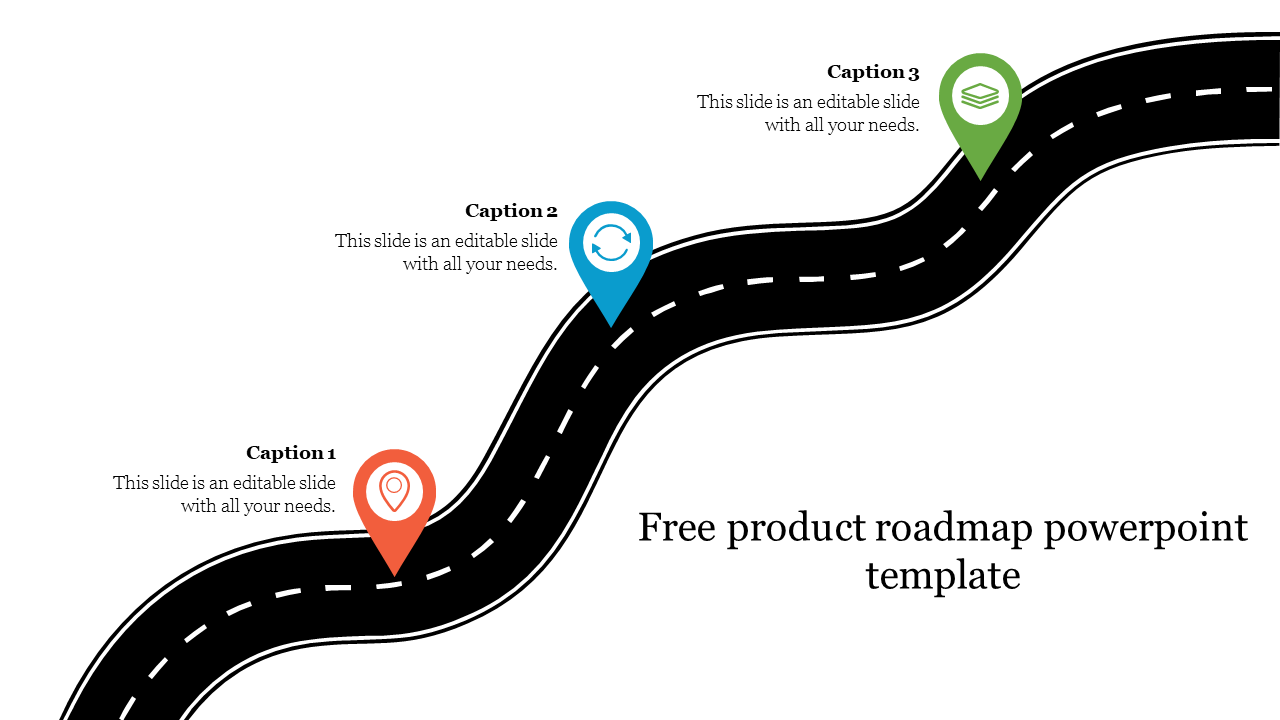  Illustration with three location pins in red, blue, and green along a curved road map, each connected to placeholder text.