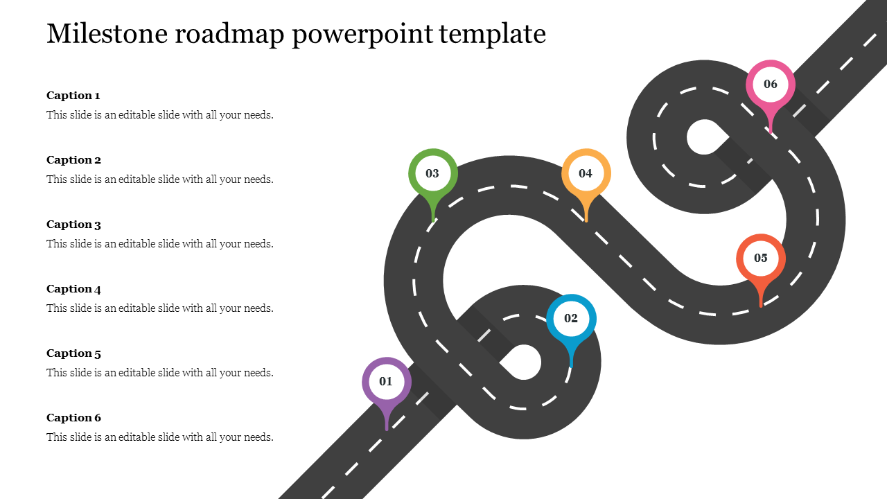 Curved roadmap with six milestones marked by colored icons, each labeled 01 to 06, with placeholders text areas.