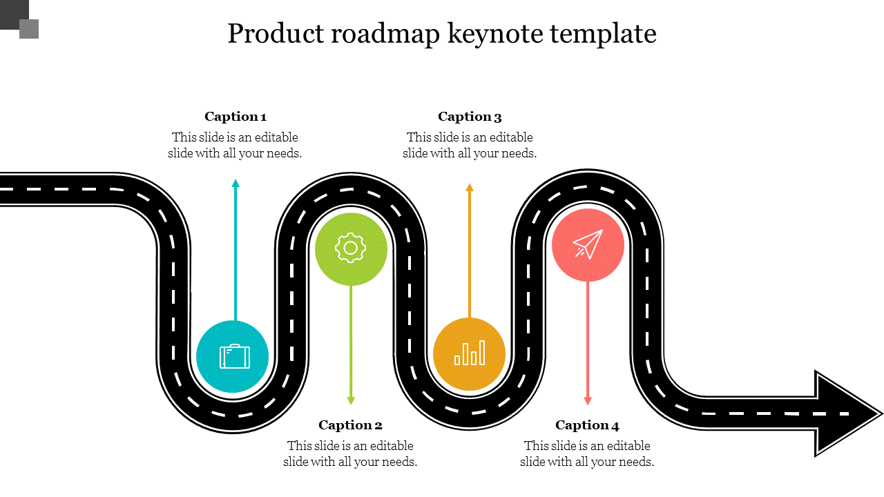 Winding road with four circular milestones in blue, green, yellow, and red, ending with an arrow, pointing right.