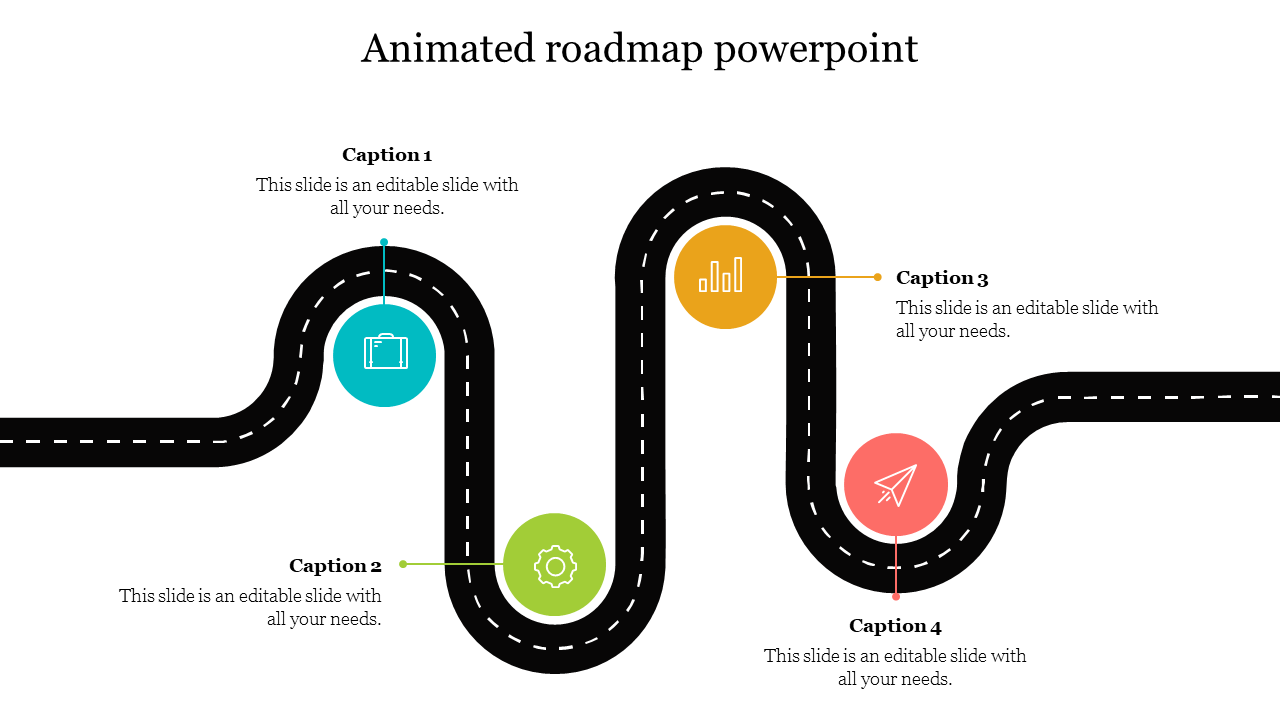 Winding roadmap slide design with four labeled colorful icons accompanied by text captions.