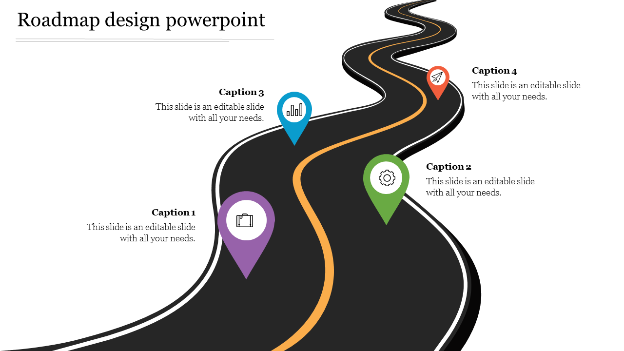 Roadmap design slide featuring a winding road with markers for captions at various points with icons.