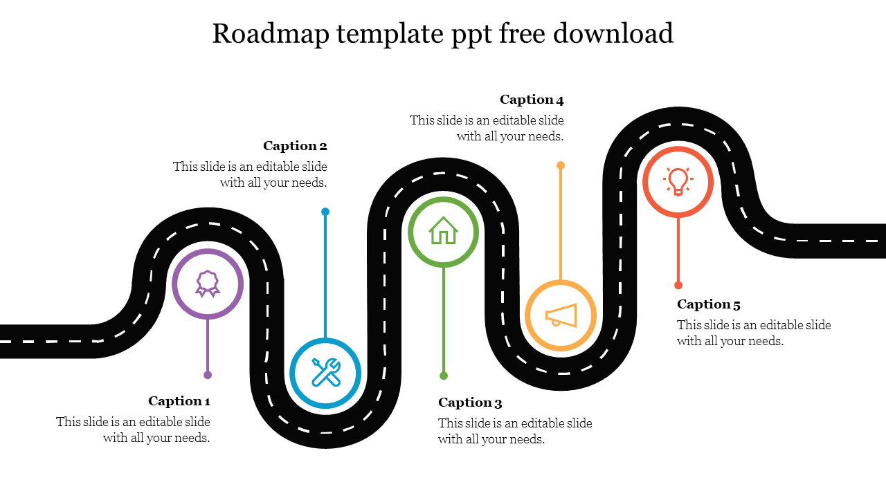 Roadmap slide with a black curved road and five marked colorful icons, each with a caption.