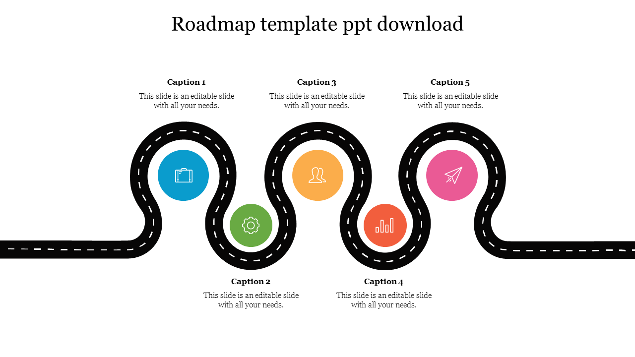 Curvy black road with five circular icons in blue, green, orange, red, and pink, indicating captions.