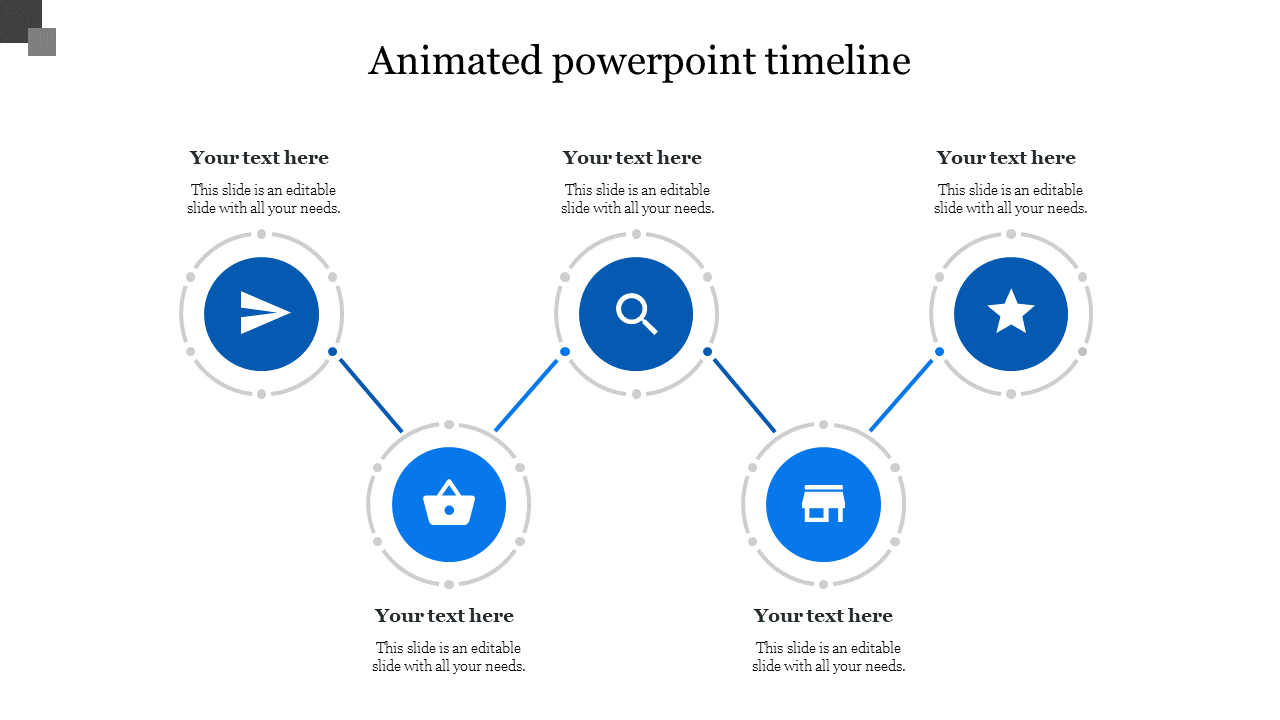 Timeline slide with five circular blue icons connected by diagonal lines, each containing text above and below.