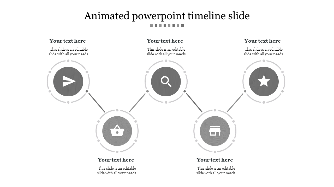 Monochrome timeline featuring five gray icons in circles with dotted outlines, connected by thin lines, with text.