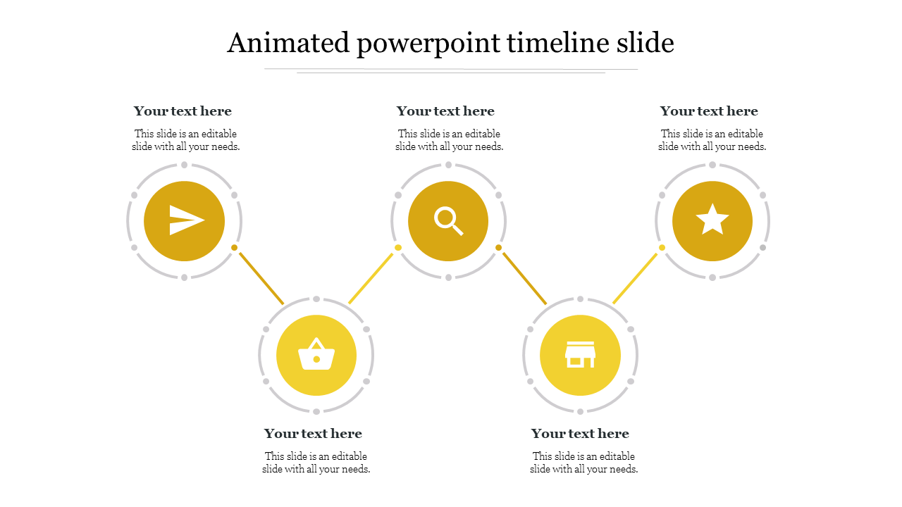 Animated timeline with five yellow circle markers, each holding icons, placed on a line with text areas beneath.